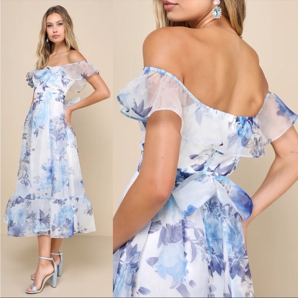 White and Blue Floral Organza Off-the-Shoulder Midi Dress ๐ฟ - Picture 3 of 10